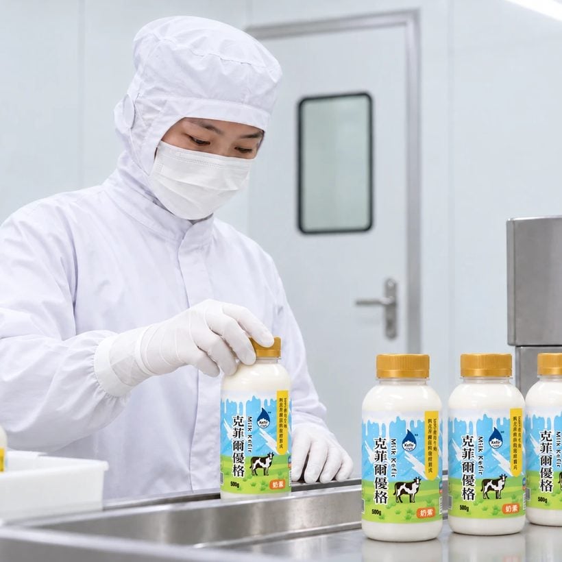 kefir.link 台北生產工廠:戴口罩、穿無塵衣的同仁為克菲爾優格鎖上瓶蓋