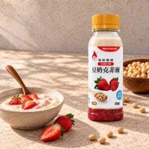 草莓口味豆奶克菲爾，旁邊是草莓與黃豆
