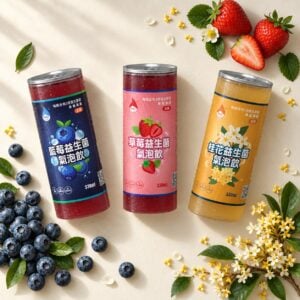 藍莓、草莓、桂花三種口味的益生菌氣泡飲與新鮮原料俯拍