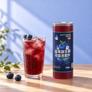 藍莓益生菌氣泡飲 330ml 罐裝旁邊放著一杯加冰塊的氣泡飲
