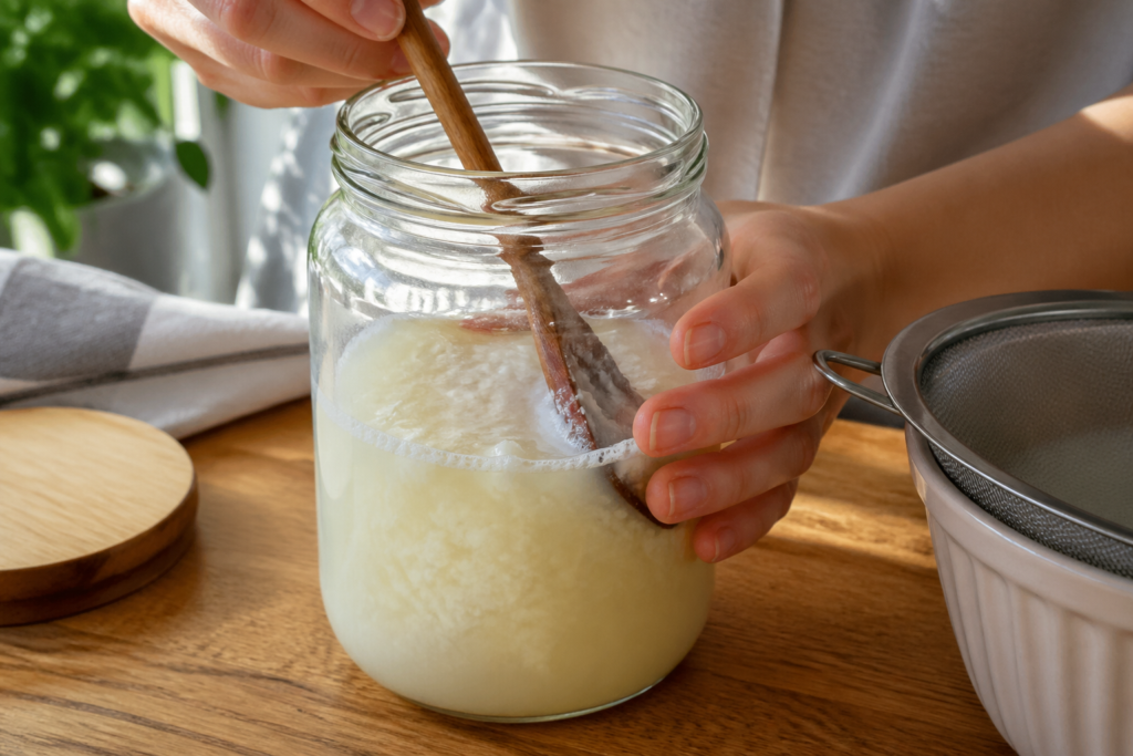 Stirring separated kefir curds and whey before straining.