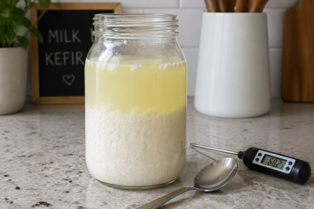 Separated kefir showing curds and whey layers in a glass jar.