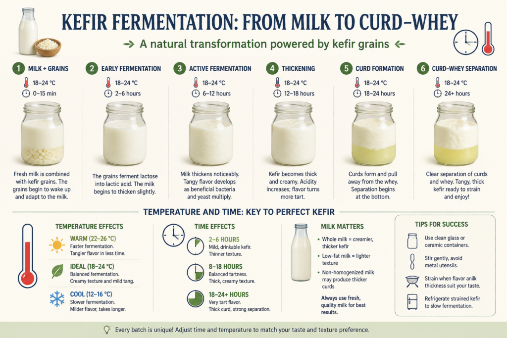 Infographic showing kefir fermentation stages and curd‑whey separation timeline.
