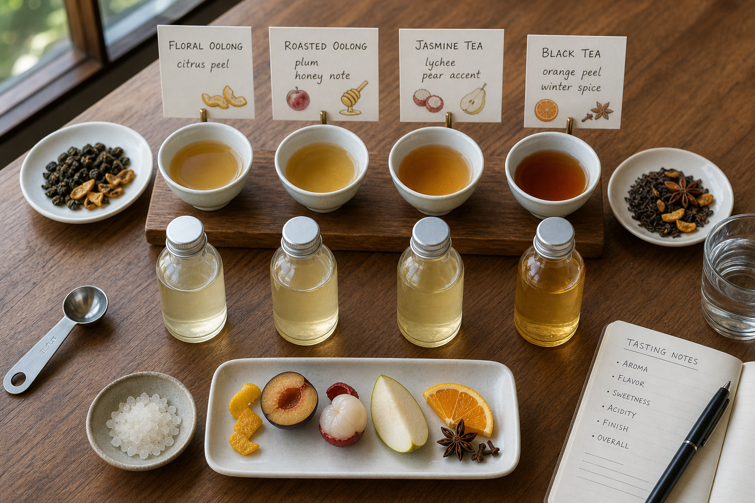 Flavor map of Taiwanese oolong, jasmine tea, and black tea pairings for water kefir second fermentation.
