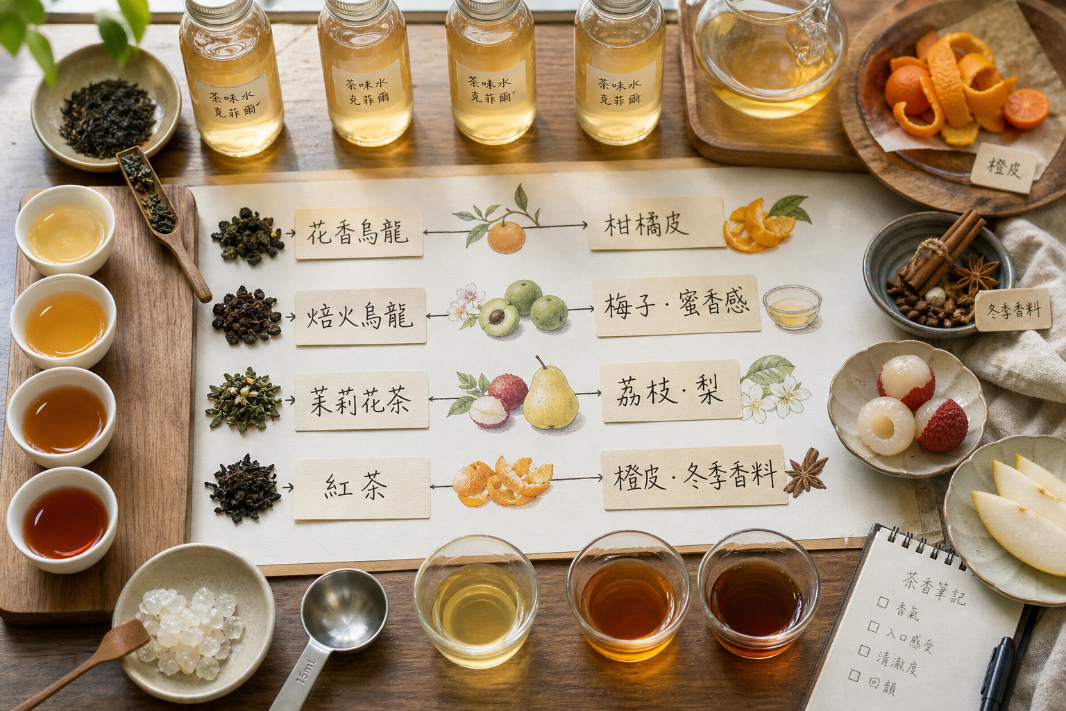 台灣烏龍茶、茉莉花茶與紅茶搭配水克菲爾二次發酵的風味地圖。