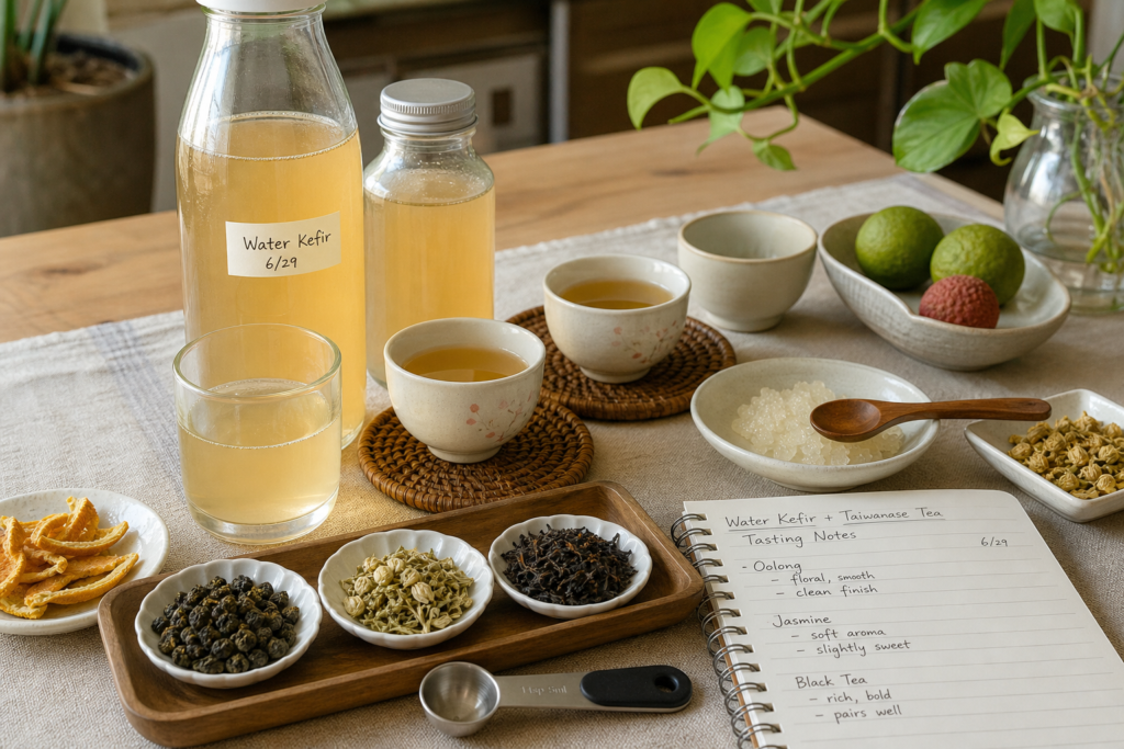Clear bottles of pale amber tea-infused water kefir beside Taiwanese tea cups, loose oolong, jasmine tea, black tea, citrus peel, measuring spoon, and tasting notes.