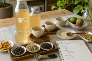 淡琥珀色茶味水克菲爾透明瓶，旁邊有台灣茶杯、烏龍茶葉、茉莉花茶、紅茶、柑橘皮、量匙與手寫試飲筆記。