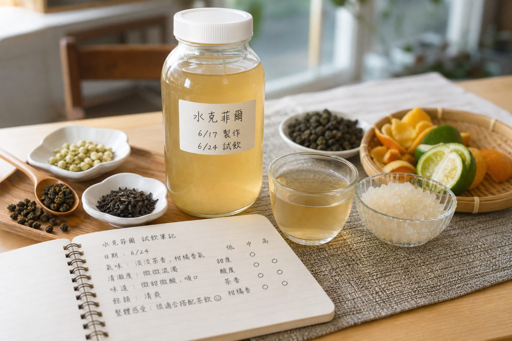 淡琥珀色茶味水克菲爾透明瓶，旁邊有台灣茶杯、烏龍茶葉、茉莉花茶、紅茶、柑橘皮、量匙與手寫試飲筆記。