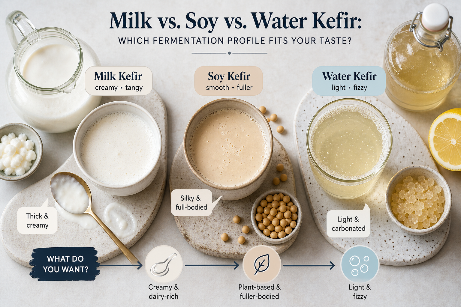 Text-free visual explainer showing kefir texture and ingredient differences.