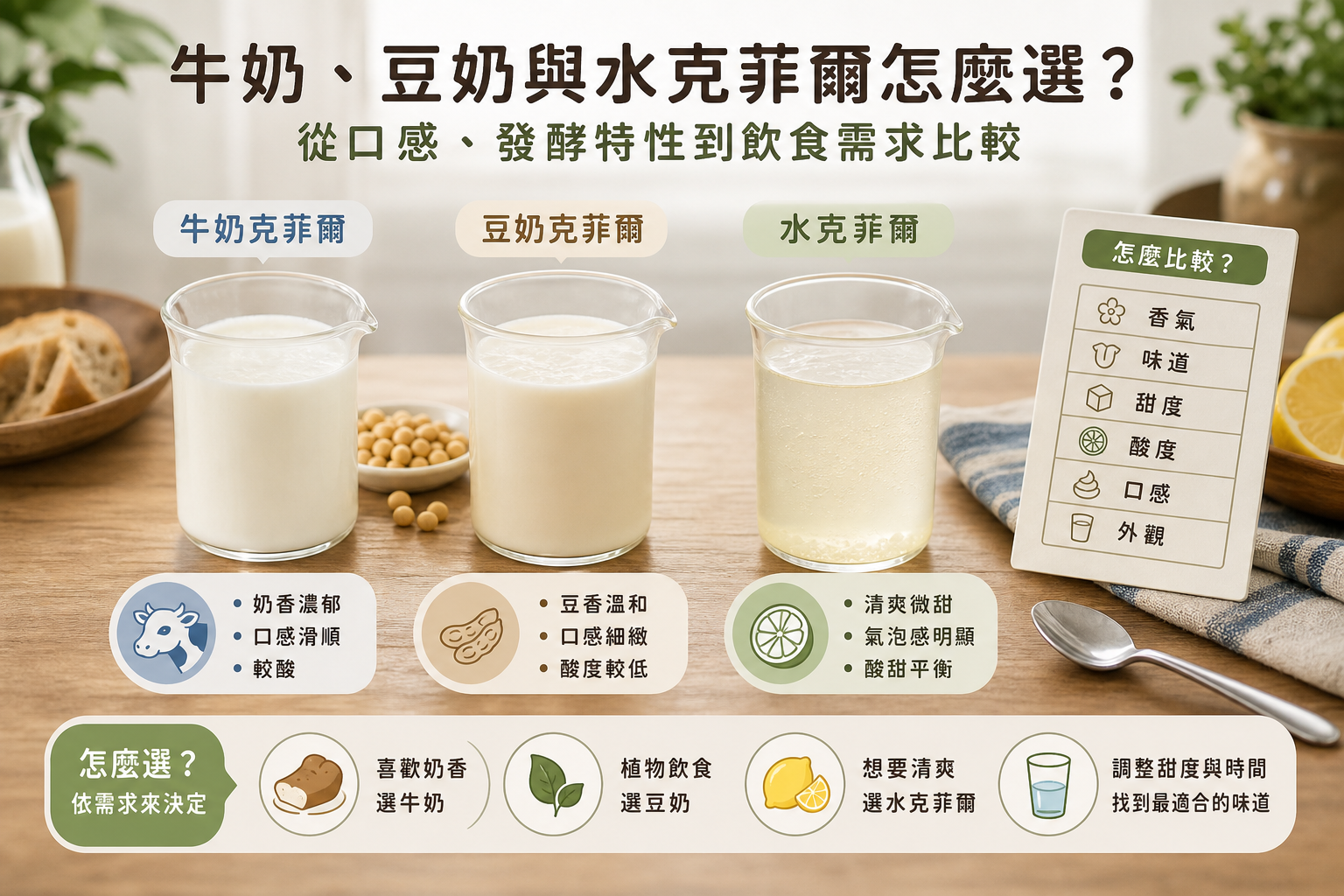 無文字視覺圖，呈現克菲爾質地與食材差異。