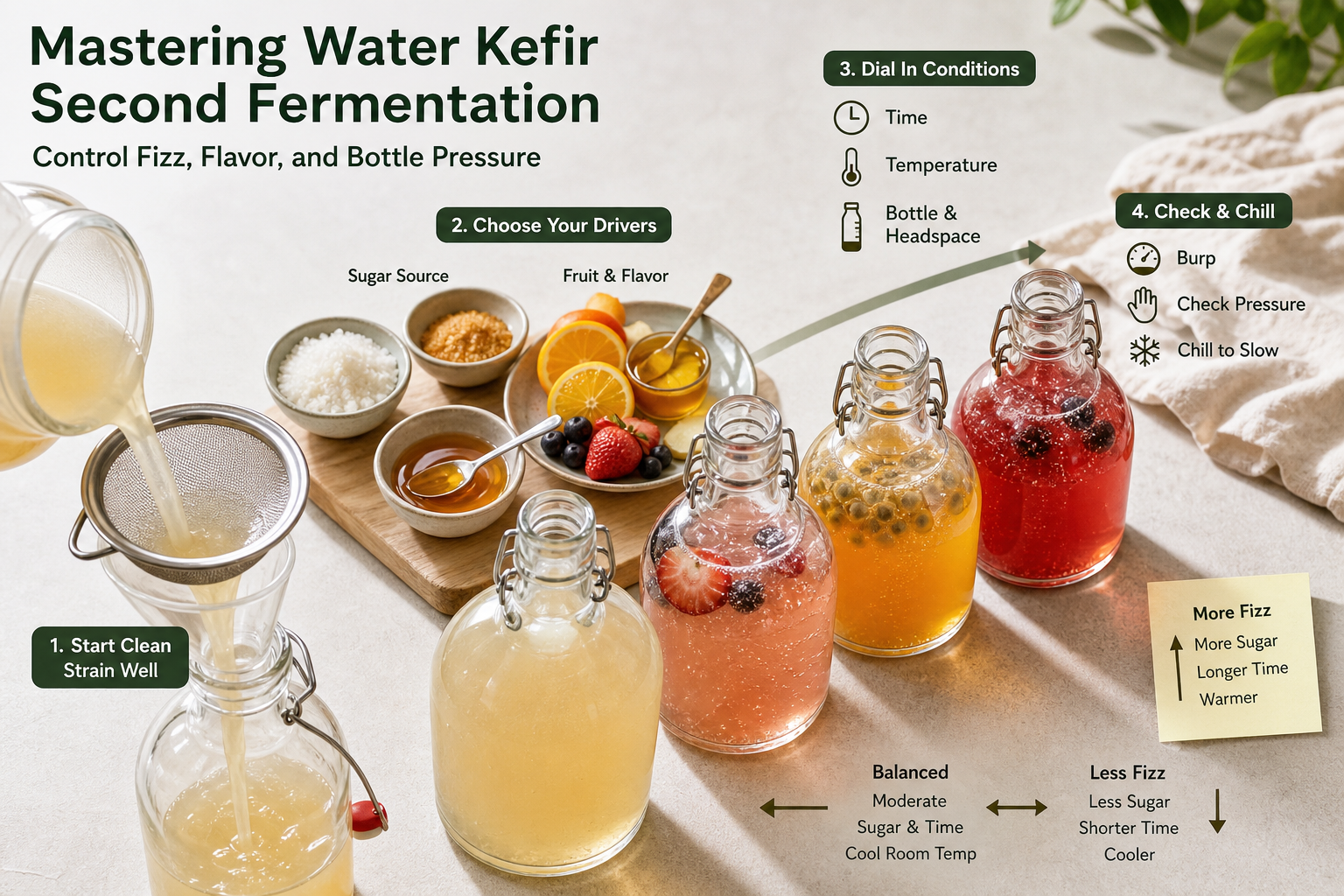 Control-panel infographic showing how sugar, fruit, time, temperature, headspace, burping, and chilling affect water kefir fizz, sweetness, aroma, acidity, and pressure risk.