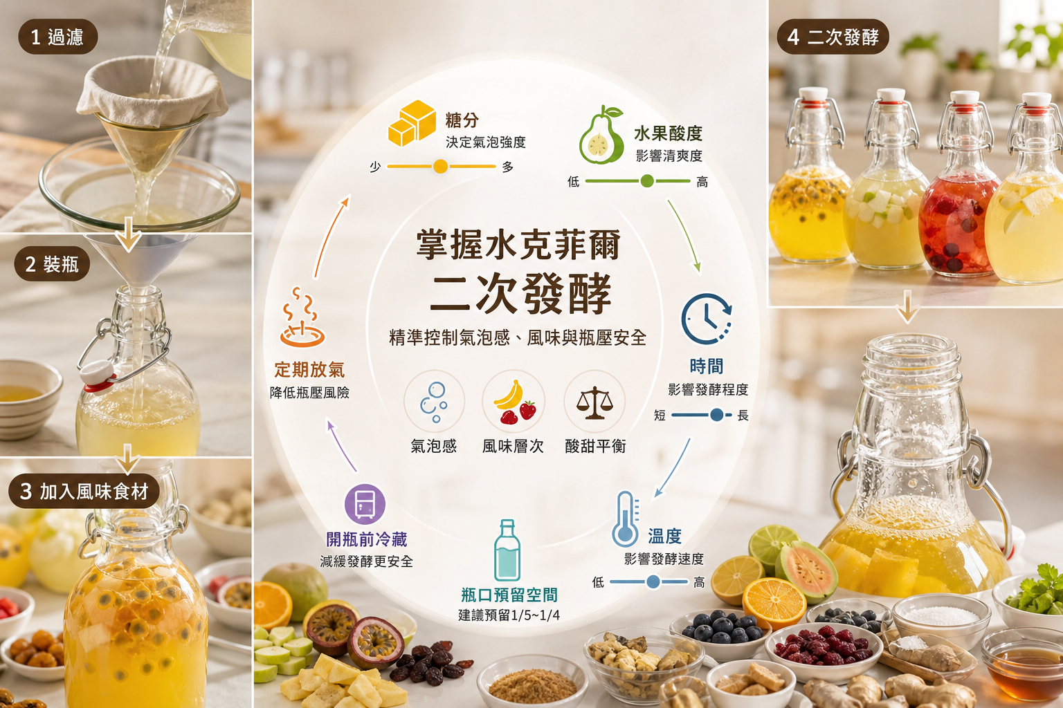 氣泡與風味控制流程圖，說明糖、水果、時間、溫度、瓶口預留空間、放氣與冷藏如何影響水克菲爾二次發酵。