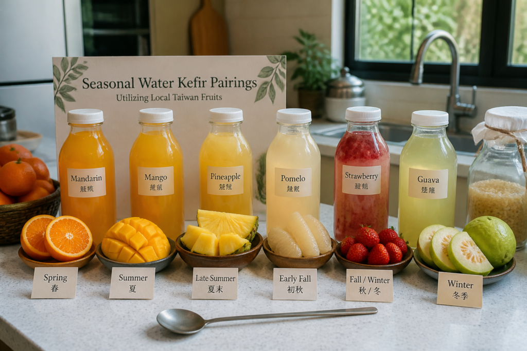 Bottles of water kefir flavored with Taiwan fruits on a kitchen counter