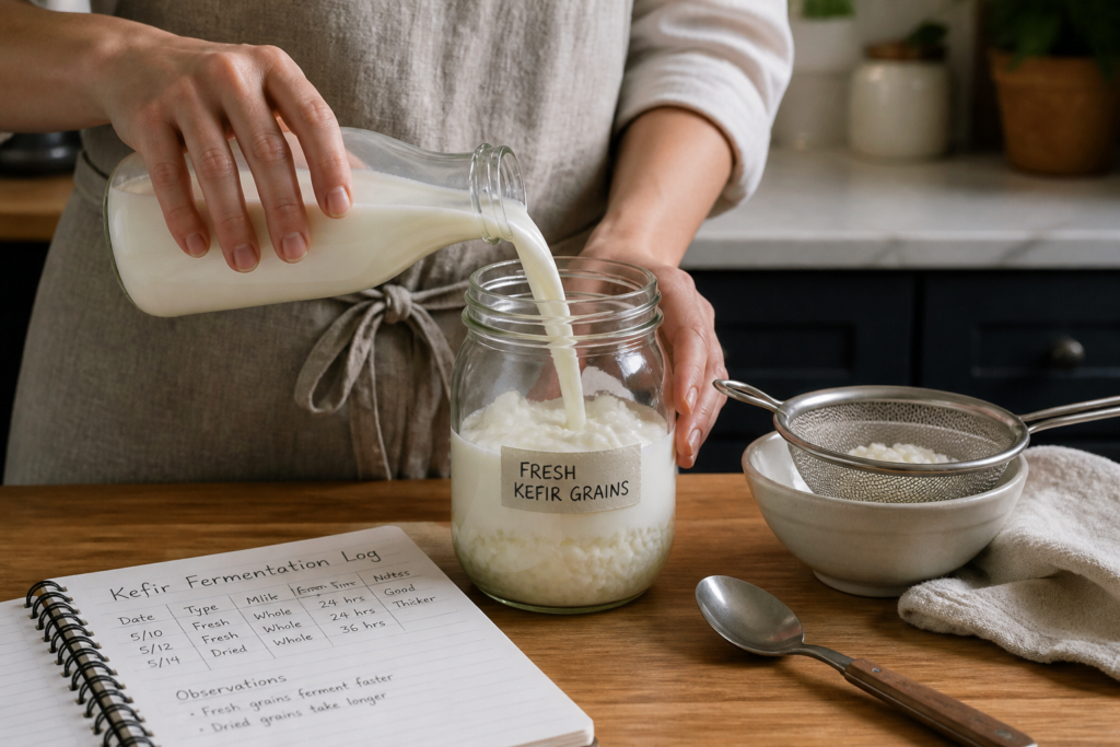 Home fermenter feeding kefir grains in a glass jar with fresh milk on a kitchen counter