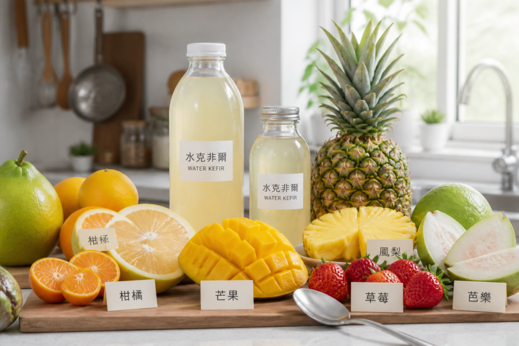 廚房流理臺上的台灣水果風味水克非爾瓶裝飲料