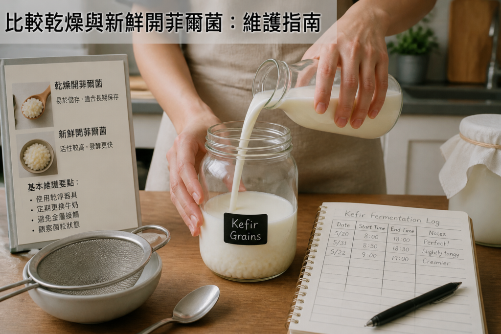 在廚房檯面上的玻璃罐中，用新鮮牛奶餵養開菲爾菌粒的家庭發酵者
