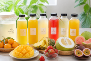 Seasonal Taiwan fruits beside bottles of fruit-flavored water kefir