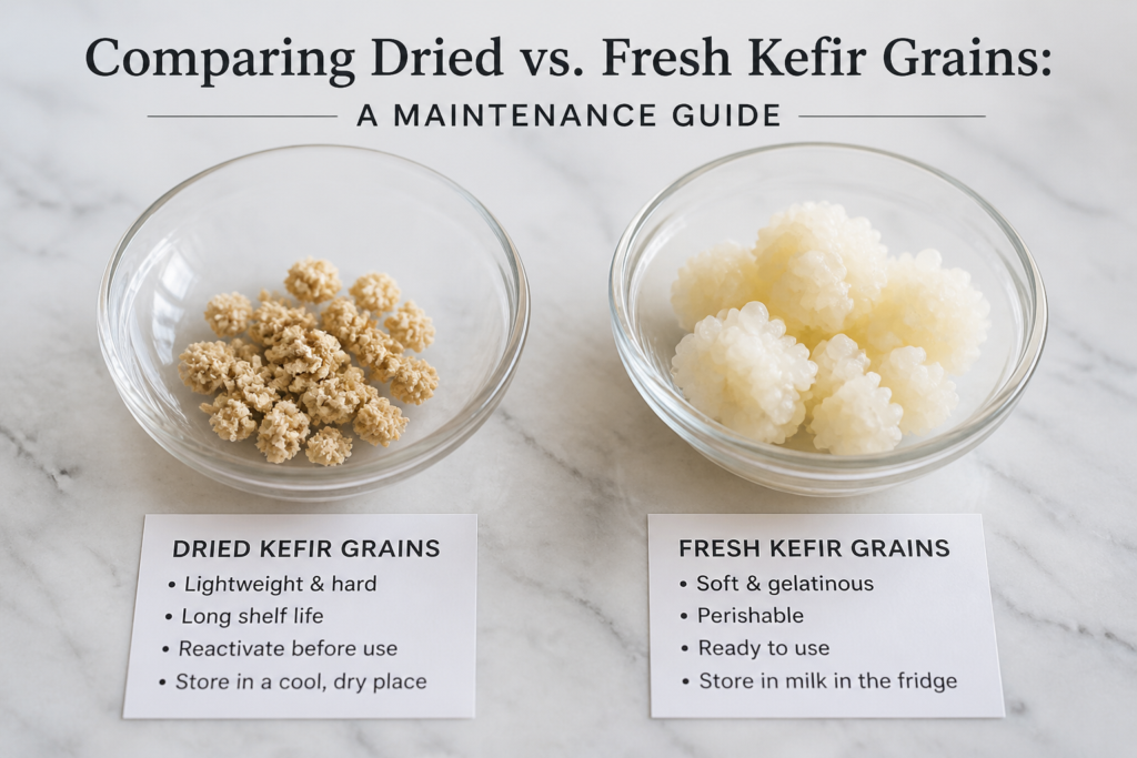 Dried and fresh kefir grains compared side by side in a home fermentation setup