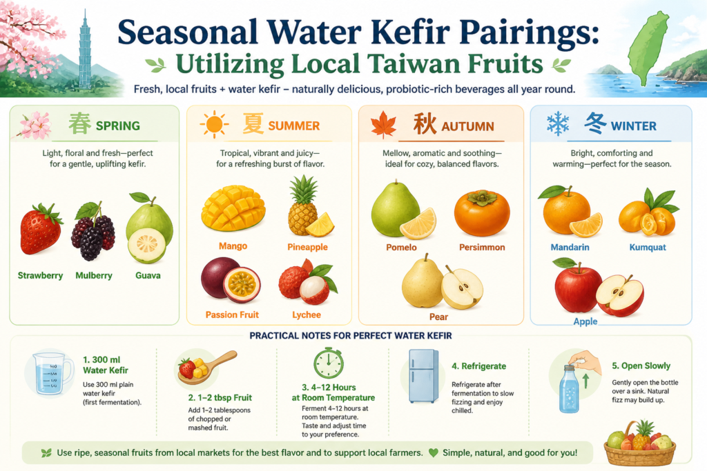 Infographic showing Taiwan seasonal fruits for water kefir second fermentation with timing and safety tips