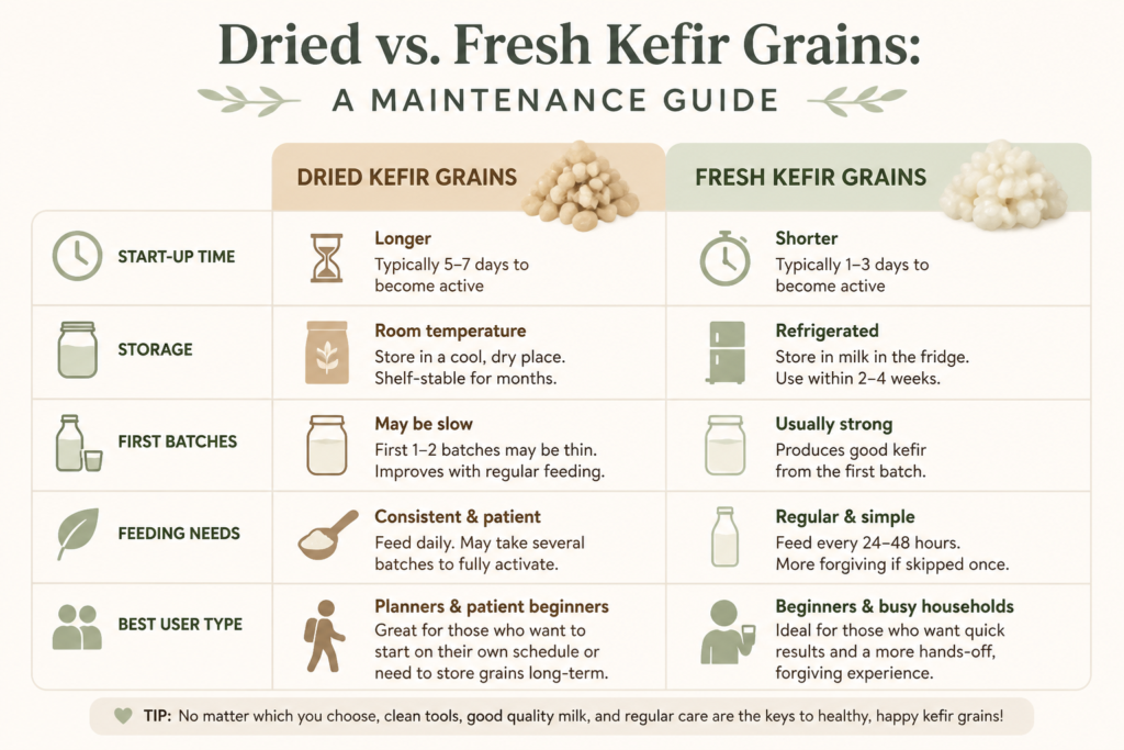 Infographic comparing dried kefir grains and fresh kefir grains by start-up time storage maintenance and best use