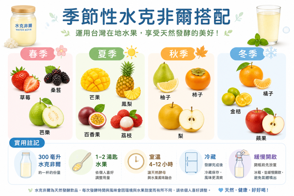 展示台灣當季水果，用於水克非爾第二次發酵，包含時機與安全提示的資訊圖表