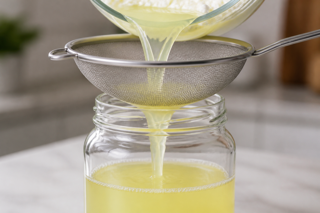 Straining kefir whey for DIY skincare