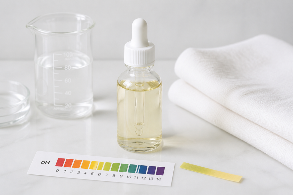 Kefir whey in a glass dropper bottle with pH testing strips