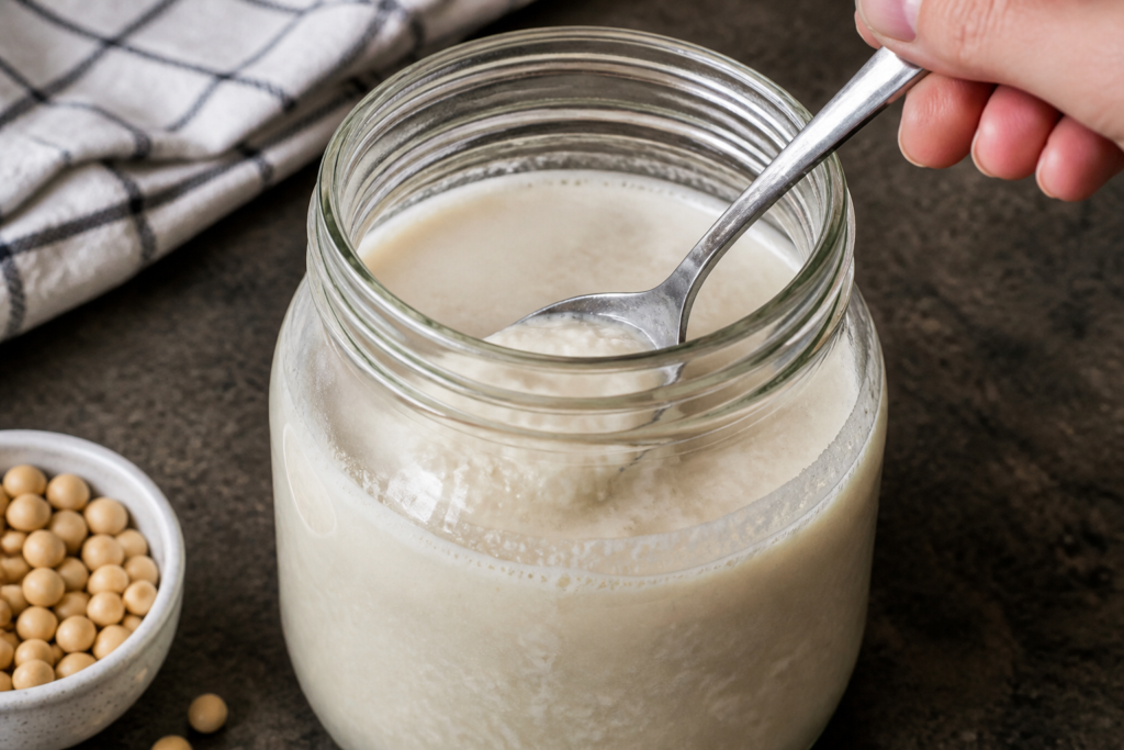 Close-up of soy milk kefir texture being stirred in a glass jar