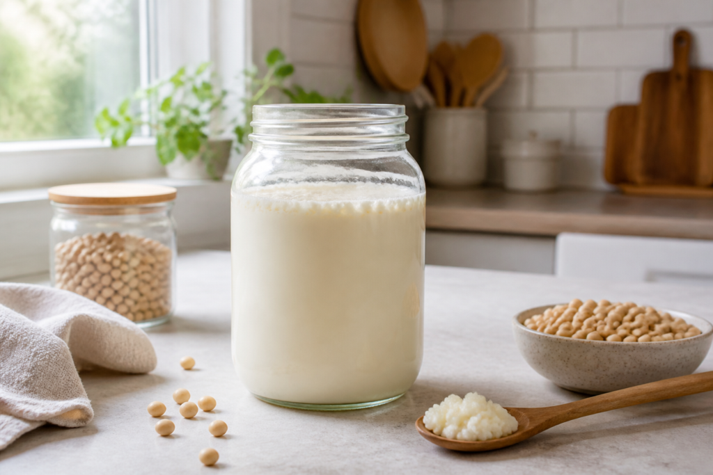 Soy milk kefir in a glass jar with soybeans and a spoon on a kitchen counter