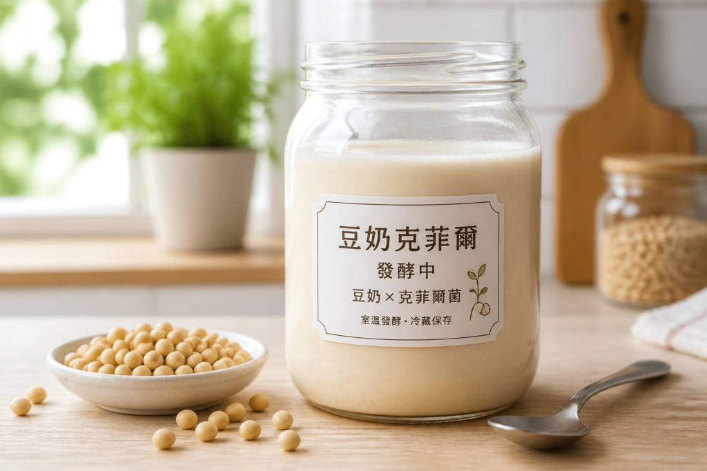 廚房檯面上的玻璃罐豆奶克菲爾，旁邊有黃豆與湯匙