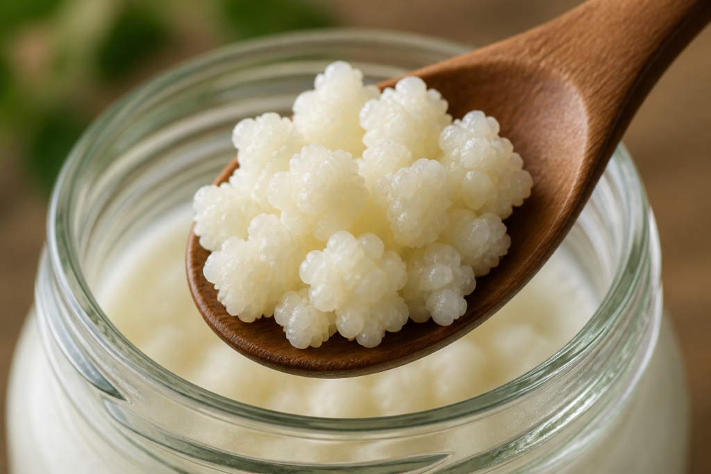 Healthy rubbery kefir grains on a wooden spoon