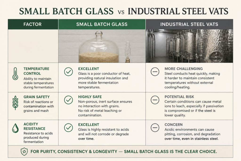 Comparison of small-batch glass vs industrial steel fermentation