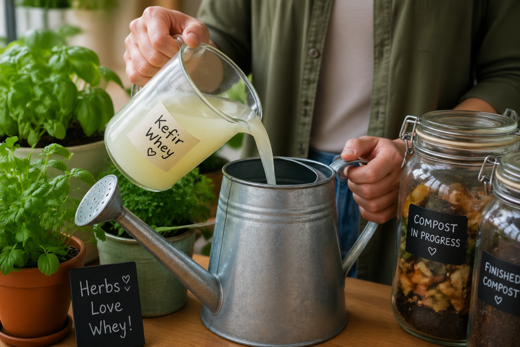 Diluting kefir whey for watering herbs.
