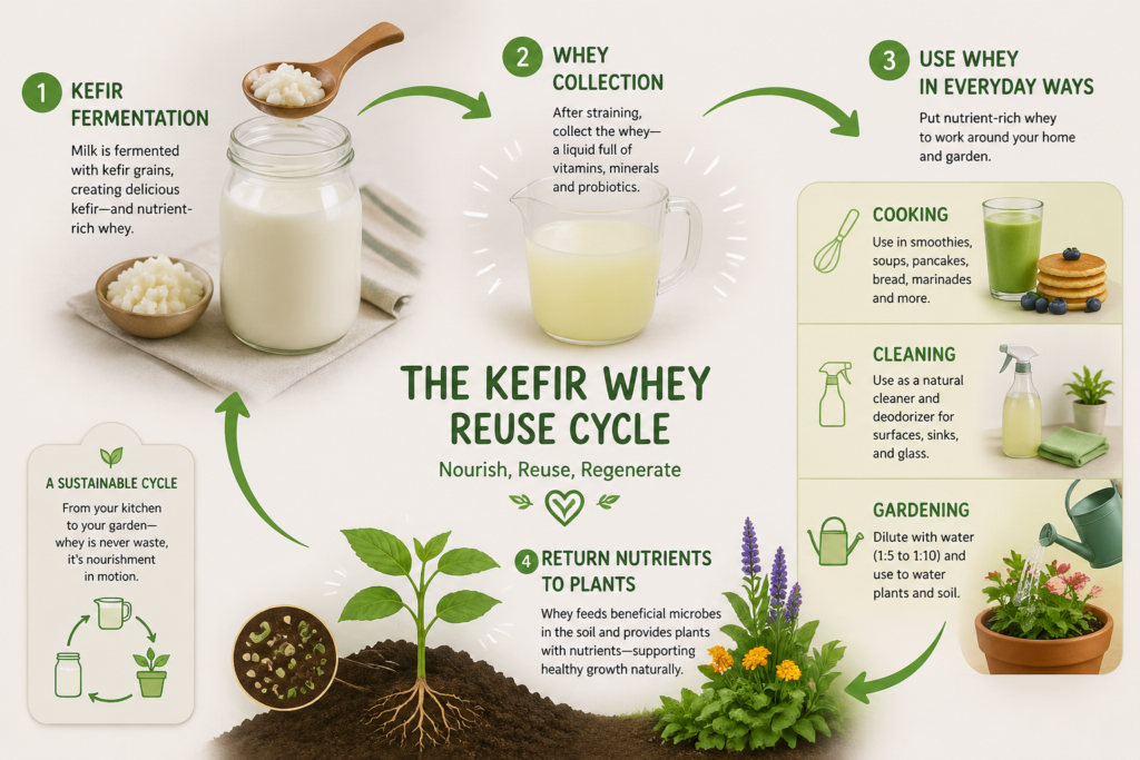 Infographic of kefir whey reuse cycle from jar to garden.
