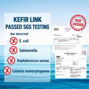 SGS and Super Lab test reports for kefir grains: E. coli, Salmonella, Staphylococcus aureus and Listeria monocytogenes not detected