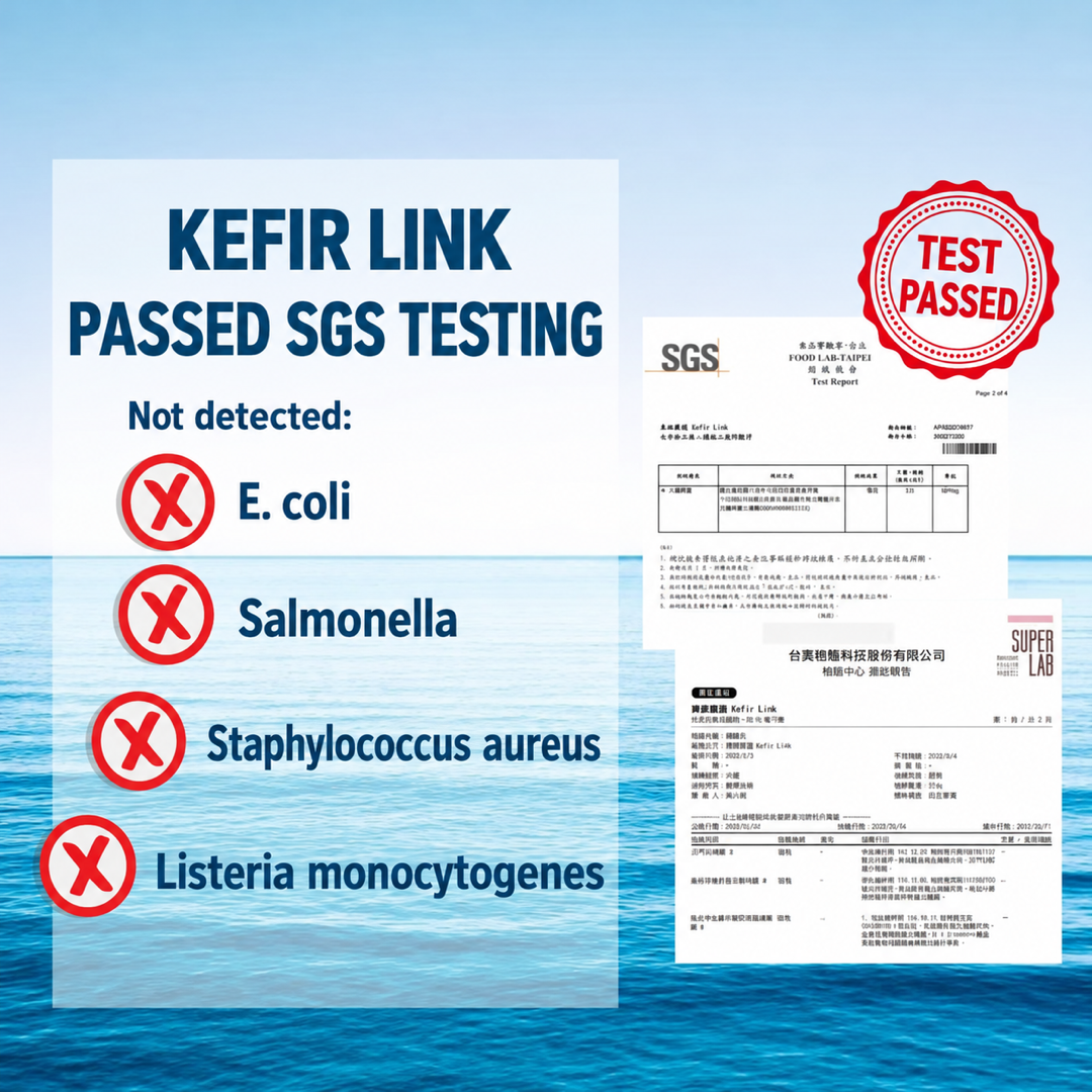 SGS and Super Lab test reports for kefir grains: E. coli, Salmonella, Staphylococcus aureus and Listeria monocytogenes not detected