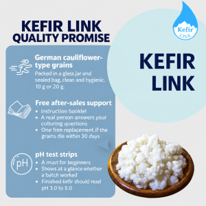 Kefir Link quality promise: German cauliflower-type grains in a glass jar and sealed bag (10 g or 20 g), free after-sales support with a care booklet and 30-day replacement, pH test strips