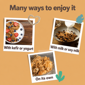Three ways to enjoy chocolate almond granola: with kefir or yogurt, with milk or soy milk, or on its own