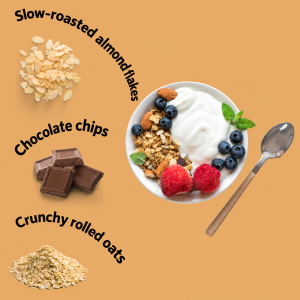 Chocolate almond granola ingredients: slow-roasted almond flakes, chocolate chips and rolled oats, beside a yogurt bowl