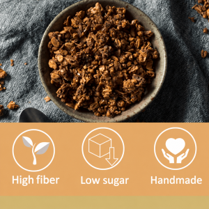 Bowl of chocolate granola with icons for high fiber, low sugar and handmade