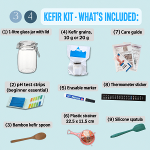 Kefir kit contents: 1-litre glass jar, pH test strips, bamboo spoon, kefir grains 10 g or 20 g, erasable marker, plastic strainer, care guide, thermometer sticker, silicone spatula