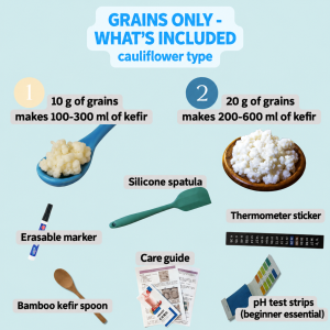 Grains-only option: 10 g makes 100-300 ml of kefir, 20 g makes 200-600 ml; with silicone spatula, erasable marker, thermometer sticker, care guide, bamboo spoon and pH test strips