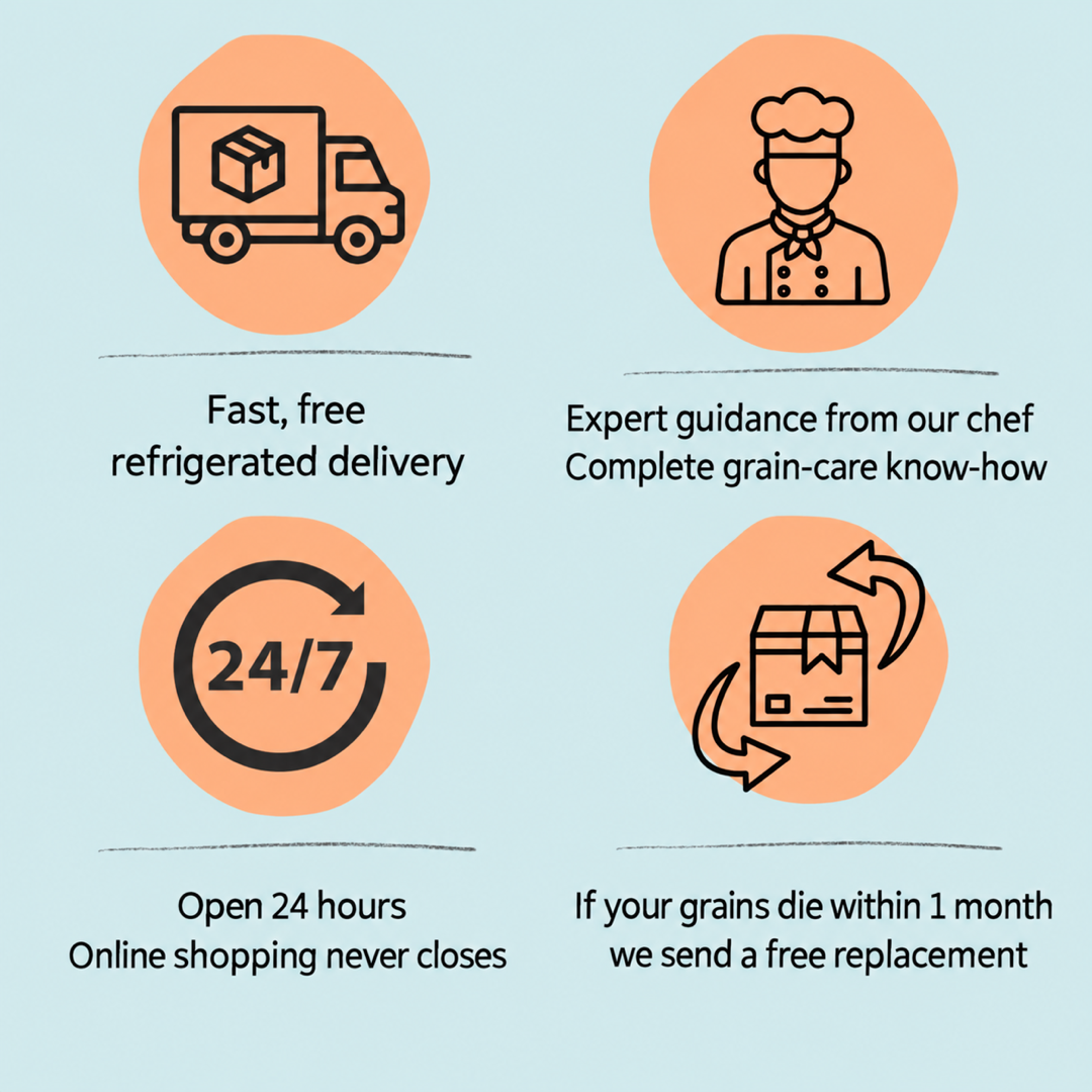 Service promises: free refrigerated delivery, chef guidance, 24-hour online shop, free replacement if grains die within a month
