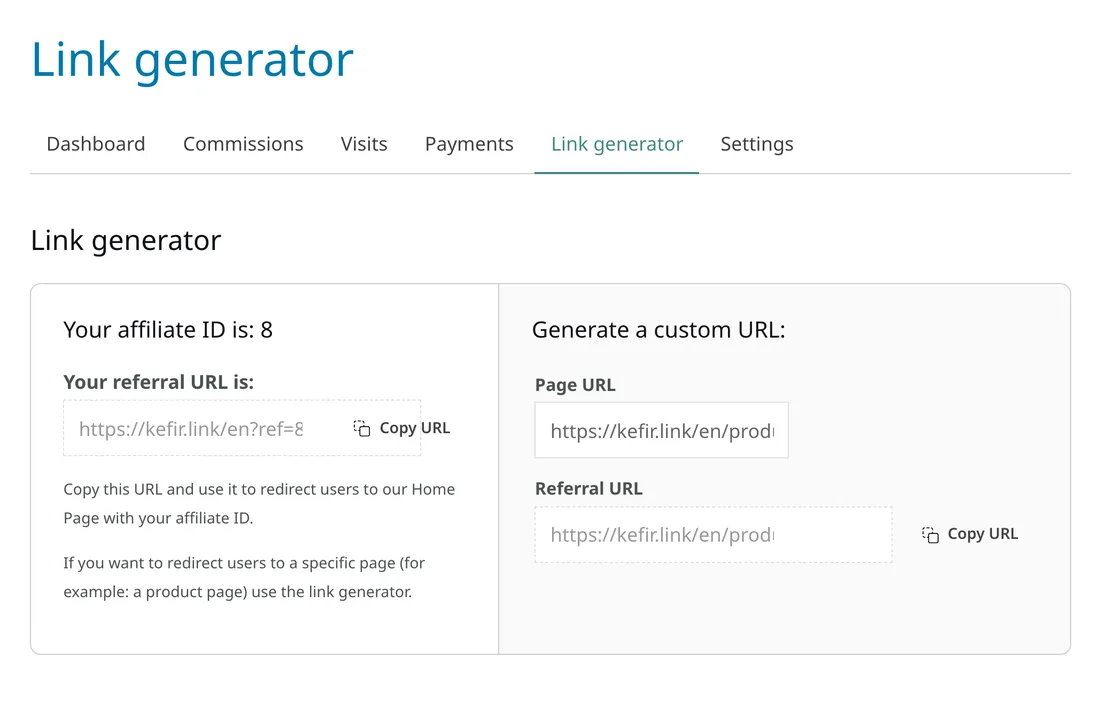 Screenshot of the affiliate dashboard referral link tab, with a homepage link and a link generator for specific pages