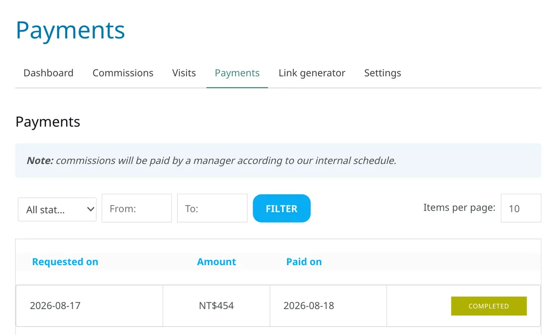 Screenshot of the affiliate dashboard payout tab: one NT$454 payout requested 2026-08-17 and paid 2026-08-18