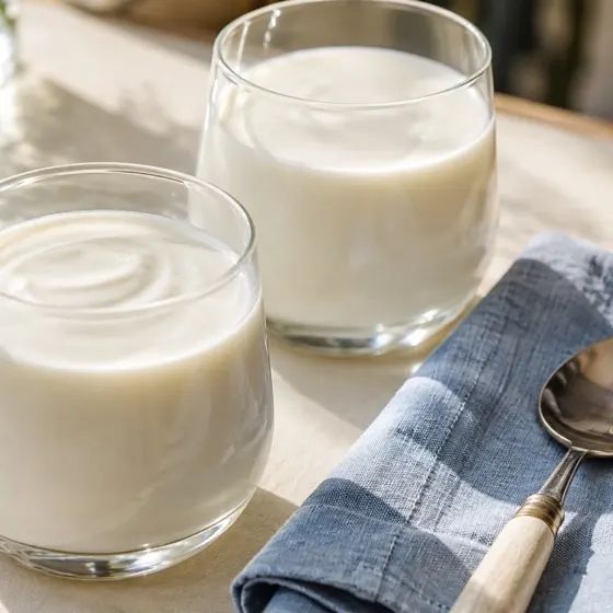 Milk kefir with fresh berries on a breakfast table