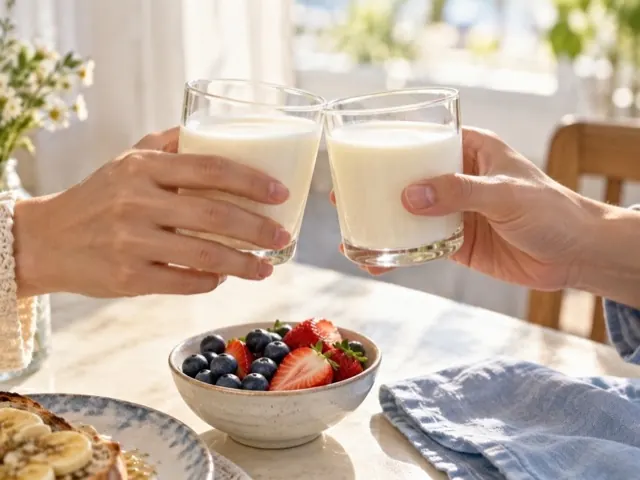 Two friends sharing a toast with glasses of milk kefir