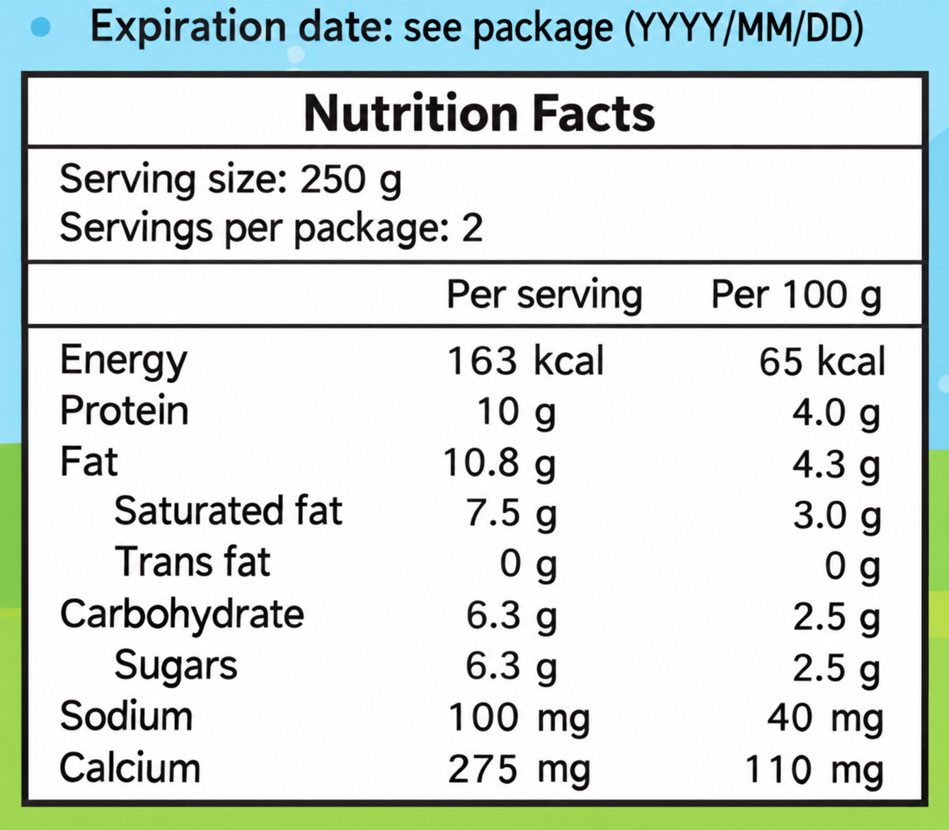 Original milk kefir nutrition facts in English: 250 g per serving, 2 servings per package