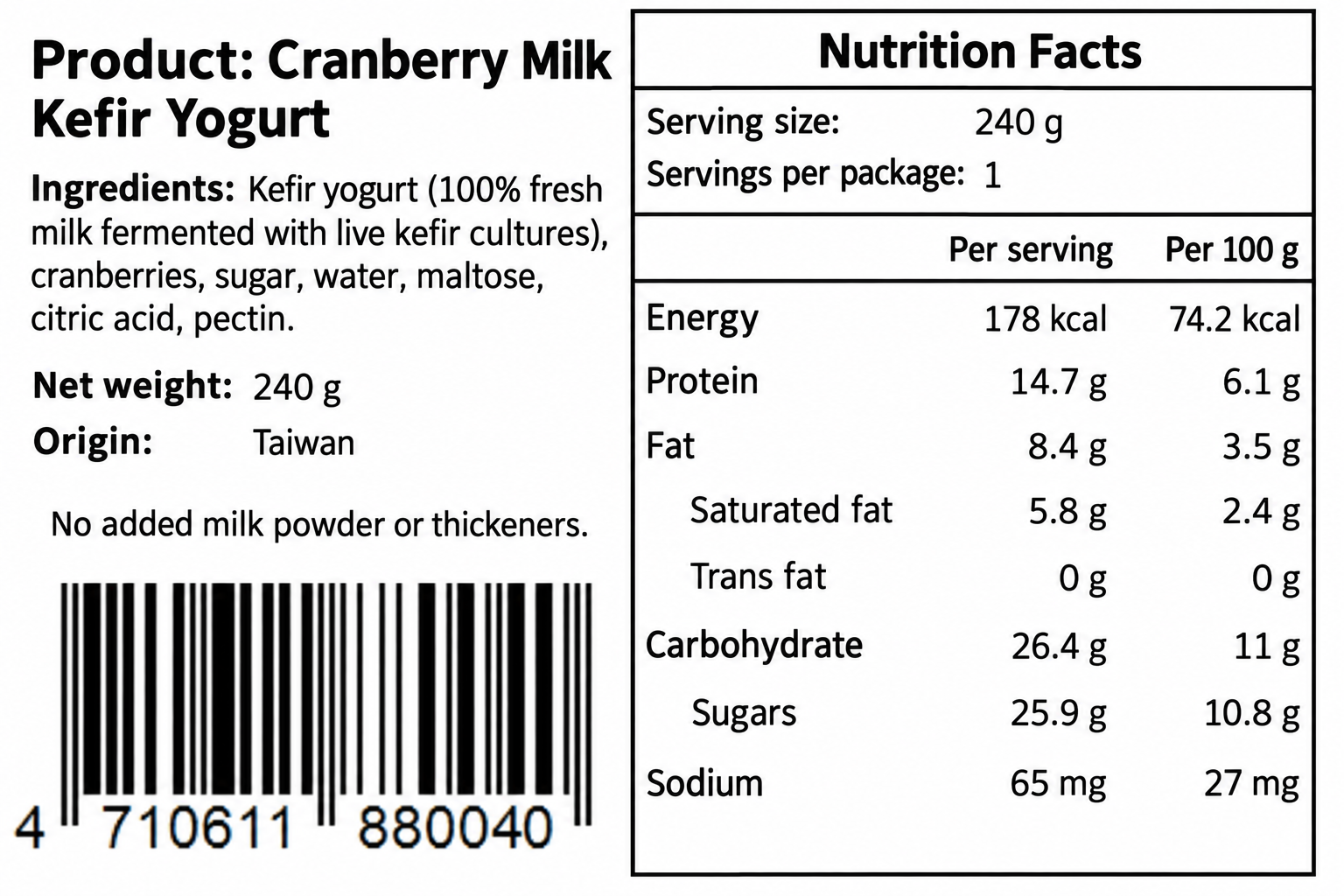 Cranberry milk kefir nutrition label in English