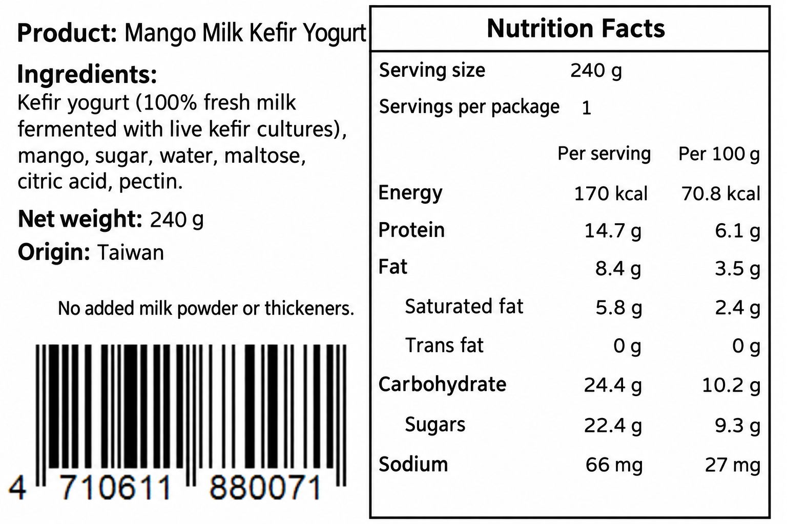 Mango milk kefir nutrition label in English